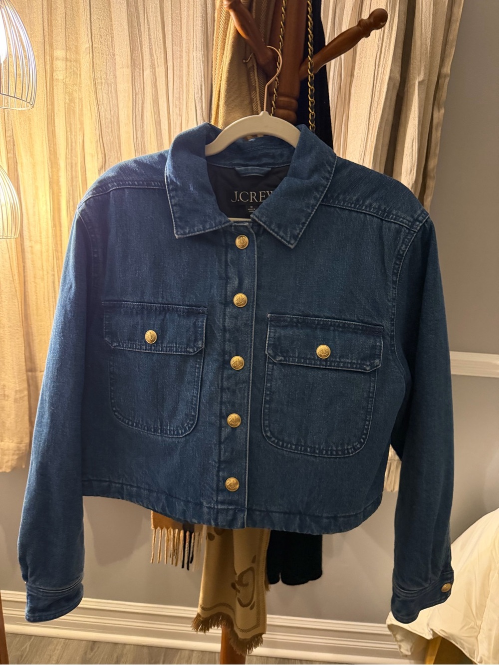 J. Crew Women's cropped quilted lined Dark Blue Denim Button-Front Jacket sz MED